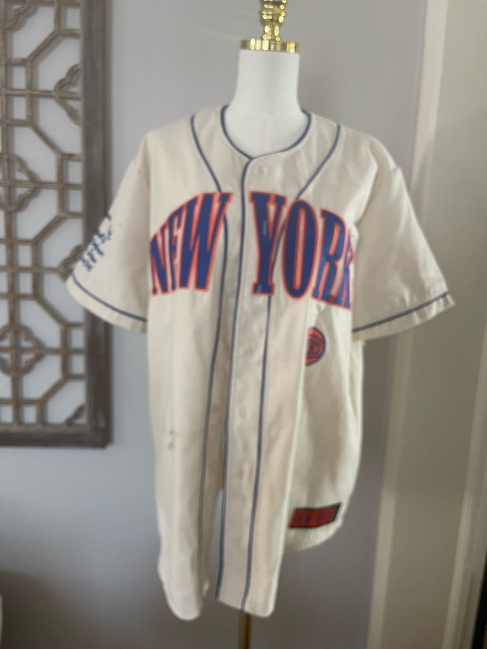 New York Baseball Jersey in Cream with Blue & Orange Trim